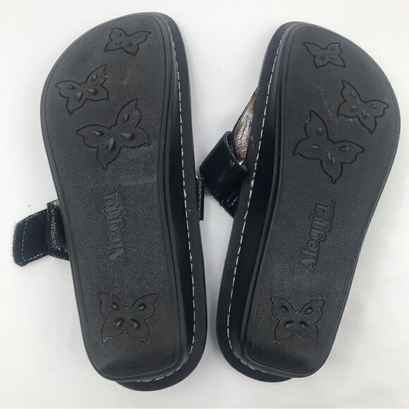 Alegria Black Leather T Strap Diamond Button Slip On Wedge Heel Support Sandals - Picture 9 of 14